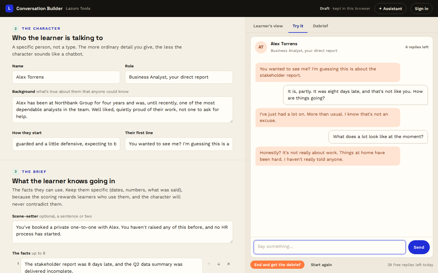 The Conversation Builder: the scenario form on the left, and the learner's view of the brief on the right.
